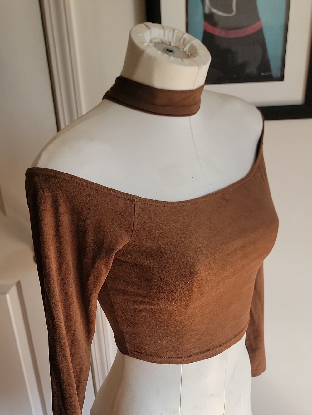 🍒 Windsor Brown Faux Suede Off The Shoulder Mock Neck Crop Top XS - Picture 2 of 5